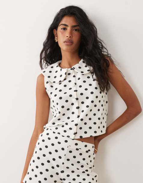 Miss Selfridge peter pan collar button through tank in polka dot print - view 1