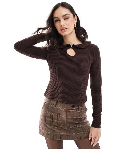 Miss Selfridge peter pan collar waffle long sleeve top in ginger - view 1