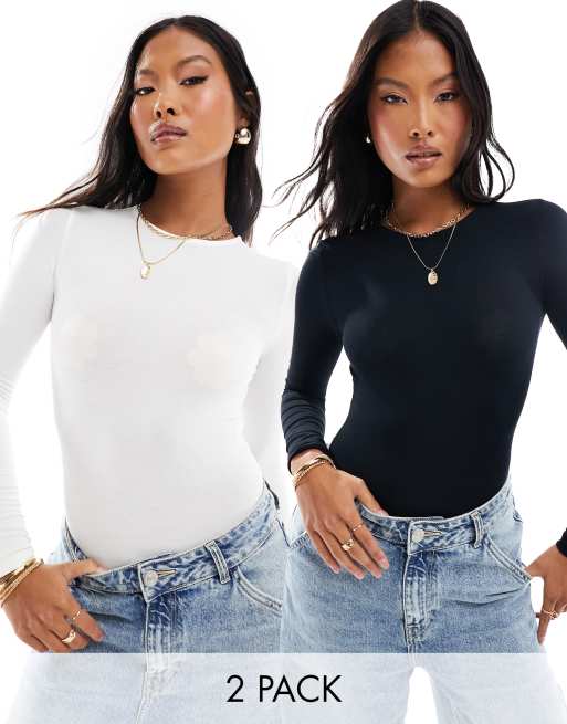 Women's 2-Pack Long-Sleeve Rib Crew Bodysuits, Women's Tops