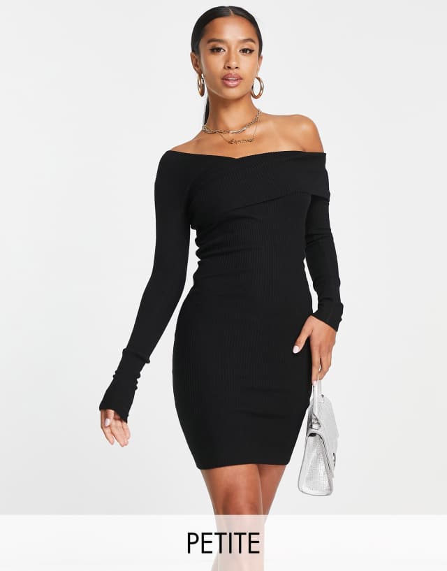 Miss Selfridge Petite asymmetrical knit ribbed bardot dress in black