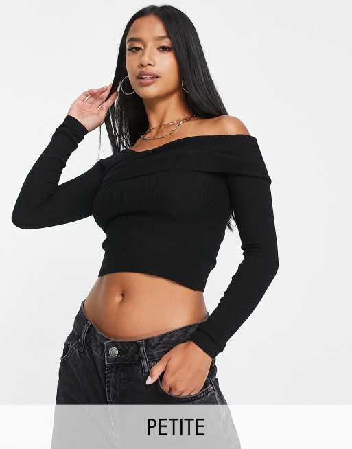 Miss Selfridge Petite asymmetrical knit ribbed bardot top in black