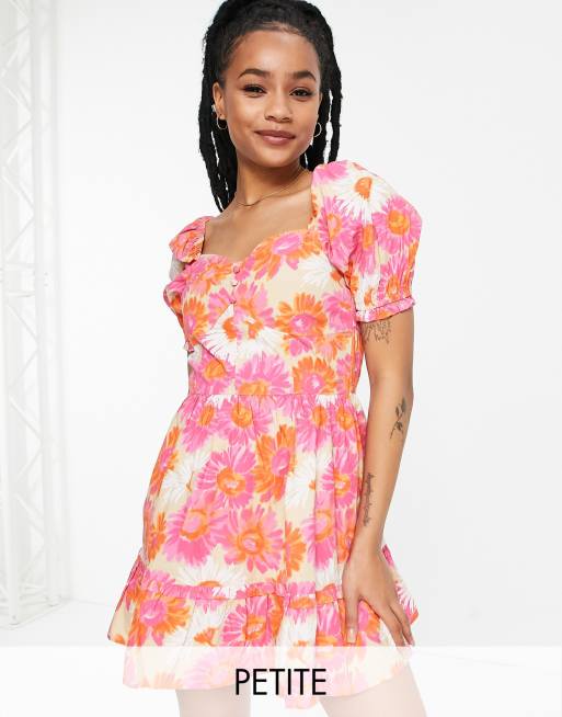 Miss Selfridge Petite – Ausgestelltes Milchmädchen-Minikleid aus Popeline in Orange mit Sonnenblumenmuster 