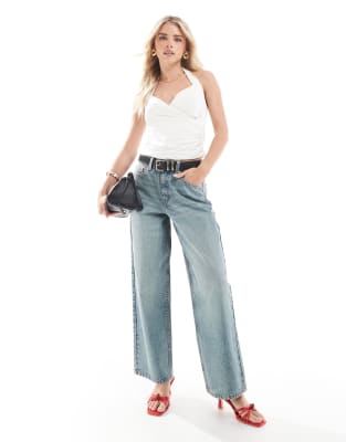 Miss Selfridge Petite - Baggy-Jeans in Dirty-Waschung-Blau
