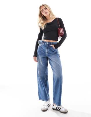 Miss Selfridge Petite - Baggy Jeans mit betonter Taille-Blau