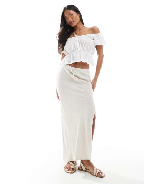 Miss Selfridge Petite - Beige maxinederdel i hørblandingsmateriale med tværsnit - view 1