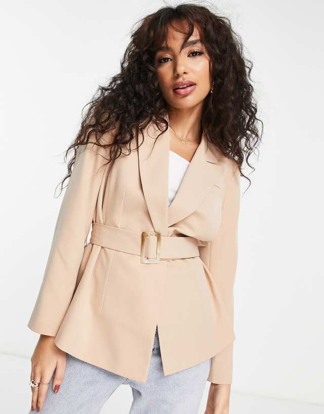 Miss Selfridge Petite belted buckle blazer in camel