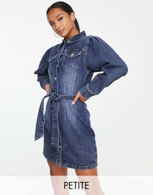 Miss Selfridge Petite belted shirt dress in mid wash-Blue