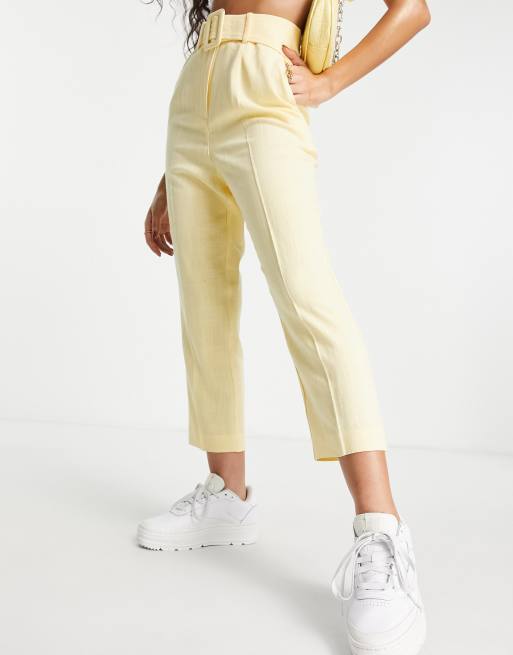 Miss Selfridge Petite belted tapered leg linen blend pants in