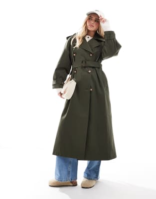 Miss Selfridge Petite Miss Selfridge Petite belted trench coat in khaki-Green