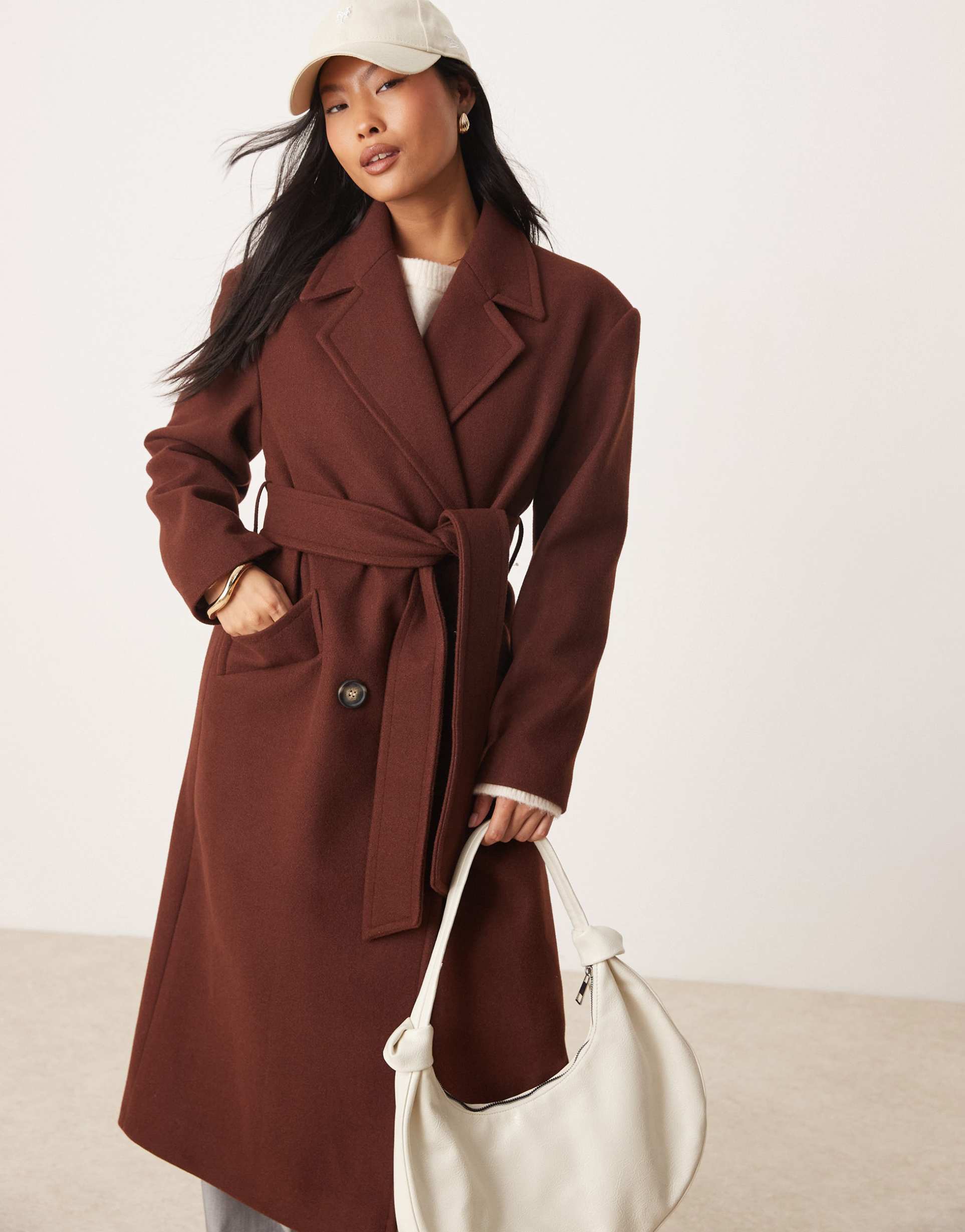 miss selfridge petite belted wrap formal coat in chocolate