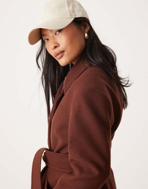 Miss Selfridge Petite belted wrap formal coat in chocolate