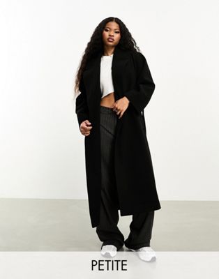 belted wrap maxi coat in black