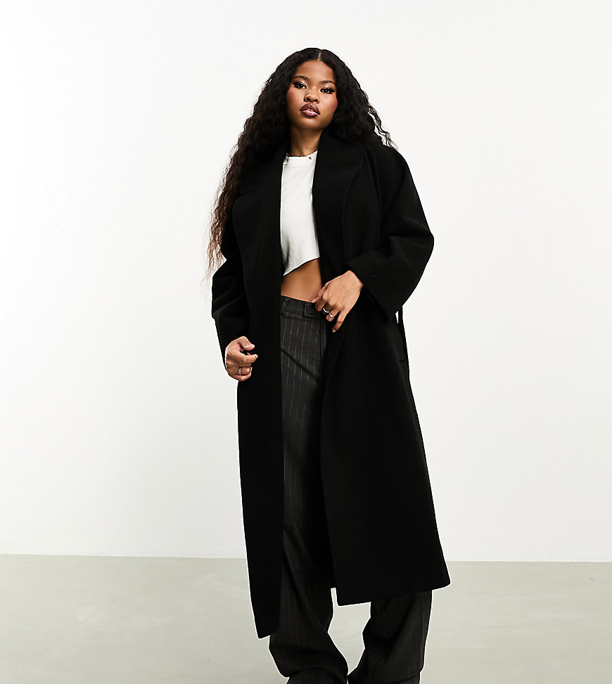 belted wrap maxi coat in black
