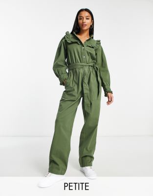 Miss Selfridge Petite bib frill belted jumpsuit in khaki