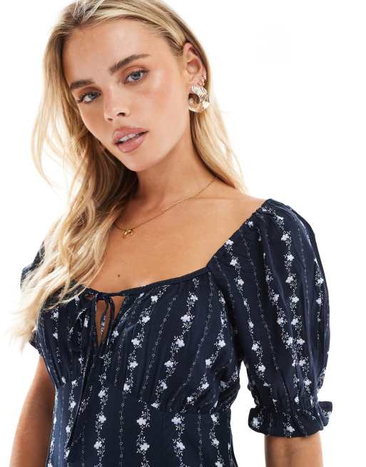 Miss Selfridge Petite – Blå, tapetpapper randig, spunnen teaklänning, 2 av 4
