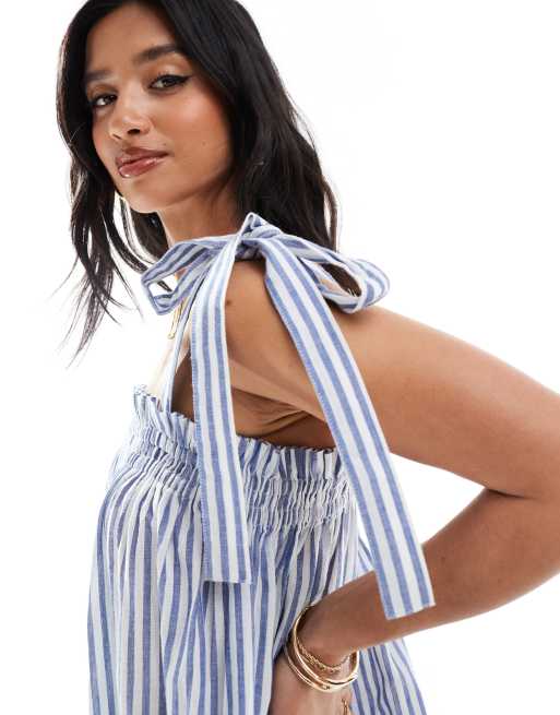 Miss Selfridge Petite – Blårandig, smockad maxiklänning i poplin, 4 av 4