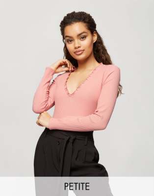 Miss Selfridge Petite - Body à col V et bords ondulés - Rose