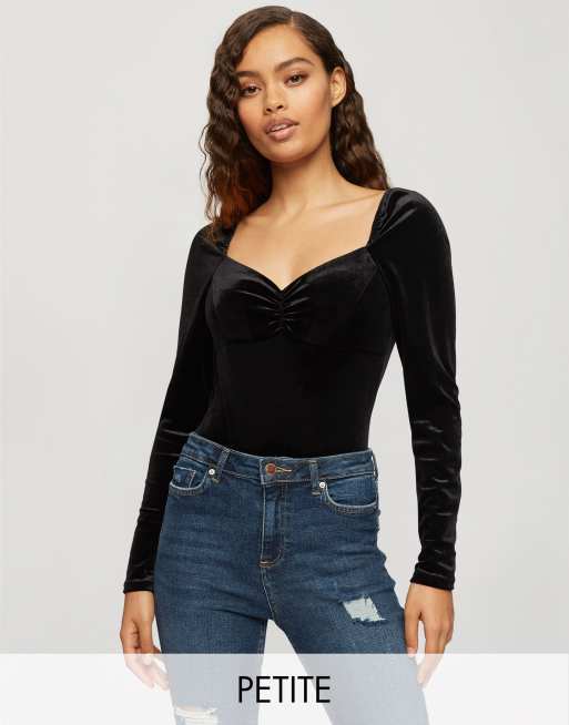 Miss Selfridge Petite - Body en velours avec encolure cœur - Noir