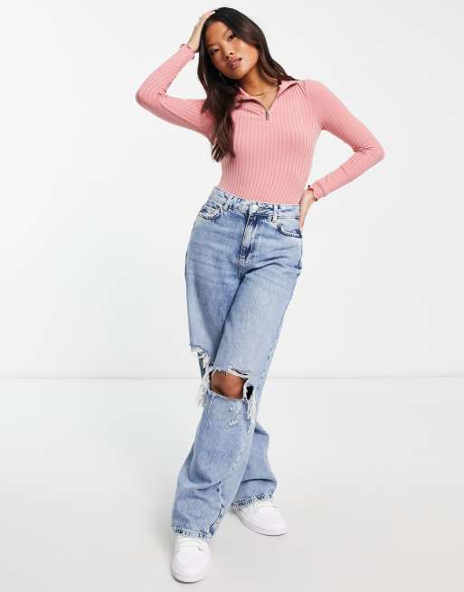 Miss Selfridge Petite – Body in Rosa mit Reißverschluss am Ausschnitt , 3 von 4