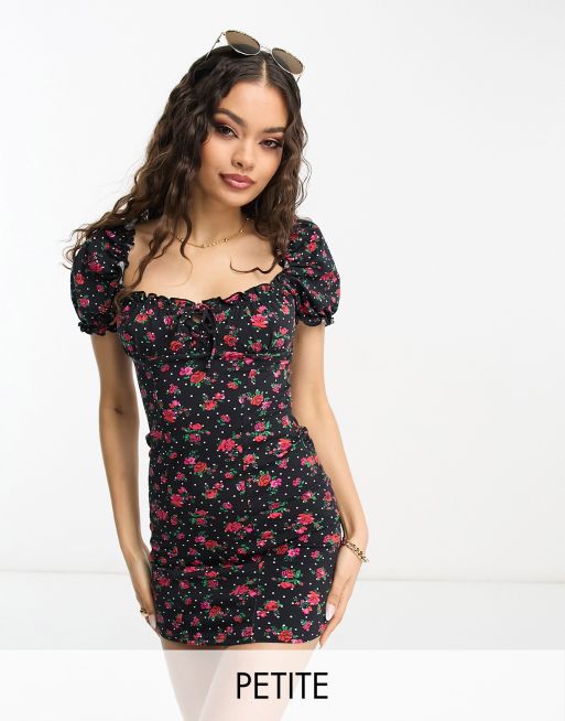 Miss Selfridge Petite - Bodycon jurk met melkmeisjeshalslijn en vetersluiting in multi 