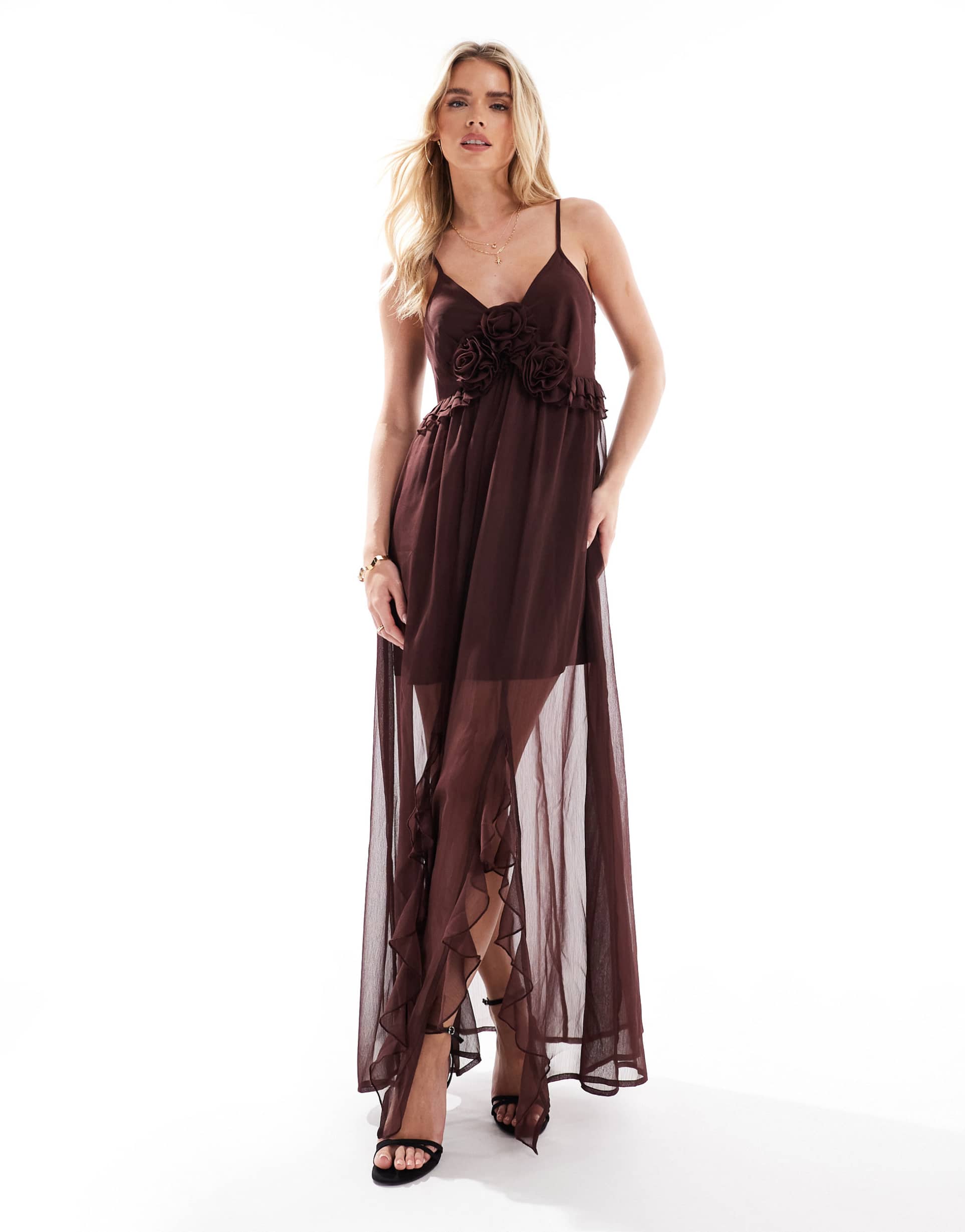 miss selfridge petite boho corsage detail cami maxi dress in brown