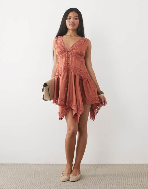 Miss Selfridge Petite boho satin lace insert hanky hem mini dress in rust, 2 of 4