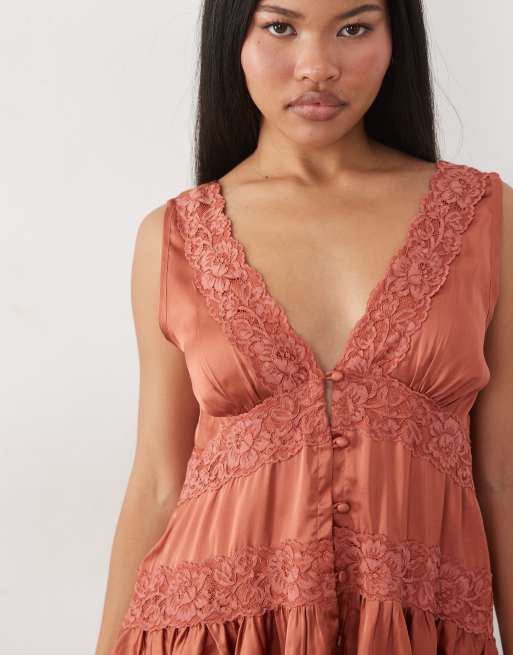 Miss Selfridge Petite boho satin lace insert hanky hem mini dress in rust, 3 of 4