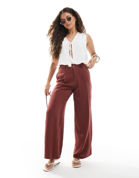 Miss Selfridge Petite – Bordowe eleganckie spodnie z szerokimi nogawkami z domieszką lnu - view 1