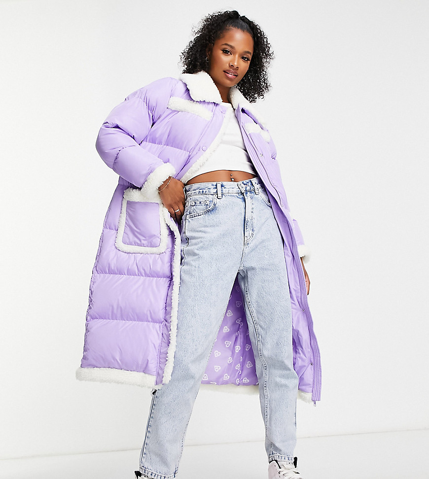 Miss Selfridge Petite borg contrast puffer maxi coat in purple