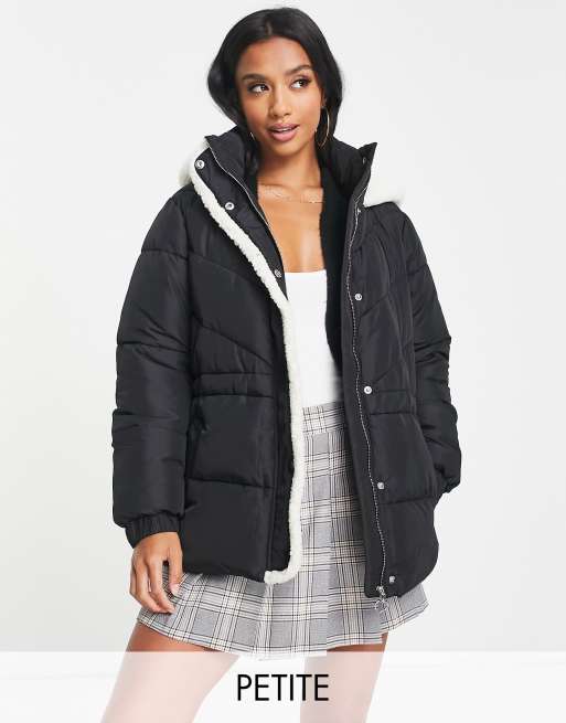 Miss Selfridge Petite borg hood waisted puffer in black