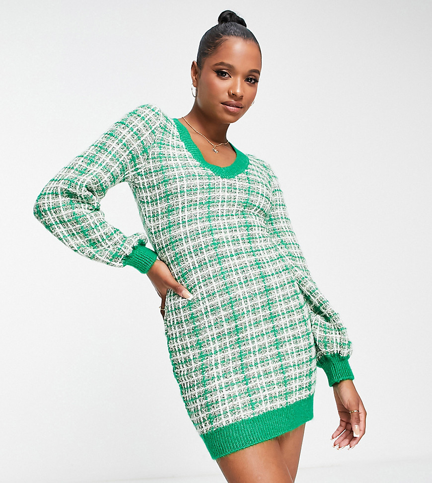 Miss Selfridge petite boucle knit balloon sleeve mini dress in green