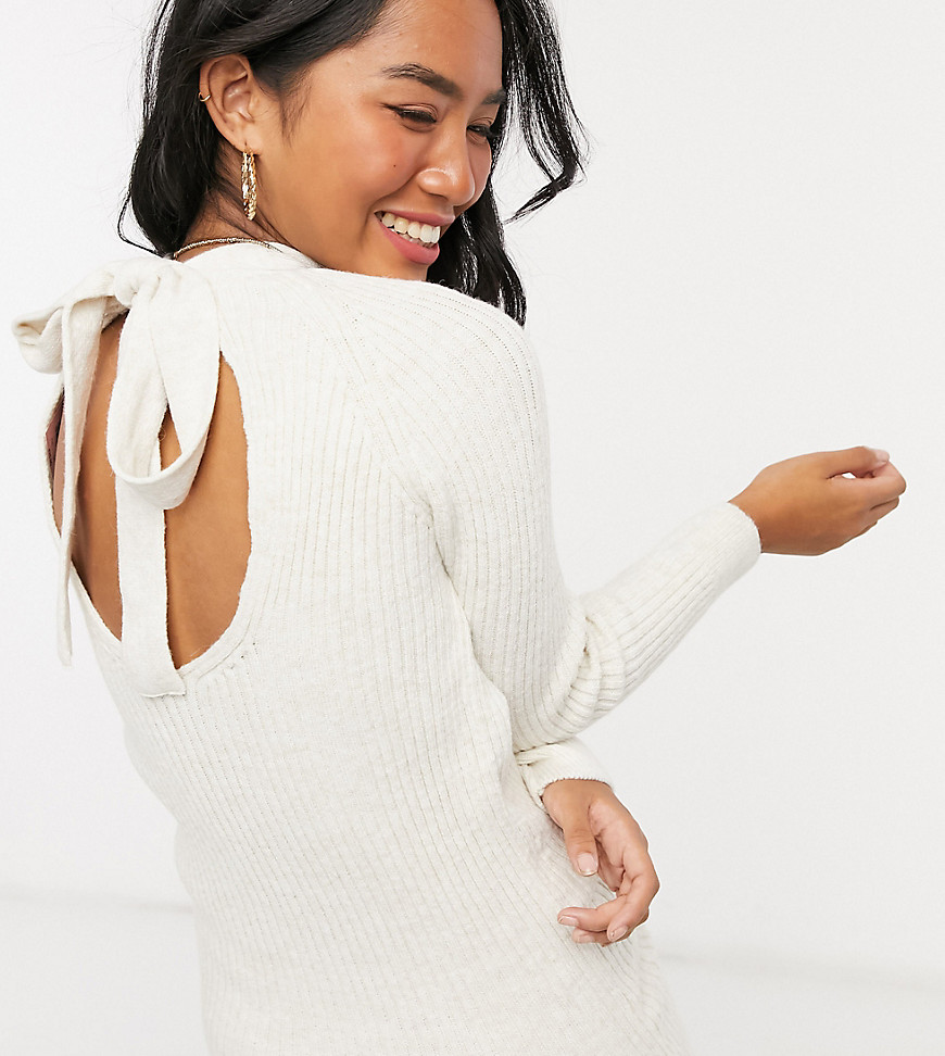 Miss Selfridge Petite bow back long sleeve knit mini dress in cream-White