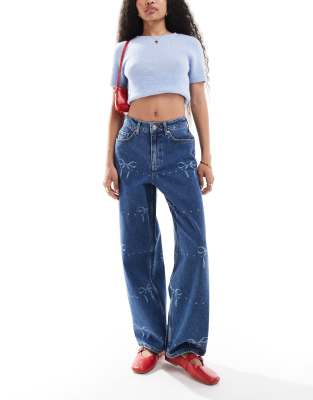 bow print baggy jeans-Blue