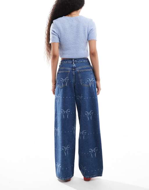 Miss Selfridge petite bow print baggy jeans