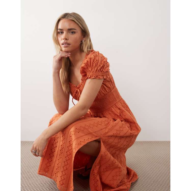 Miss Selfridge Petite broderie milkmaid maxi dress in burnt orange | ASOS
