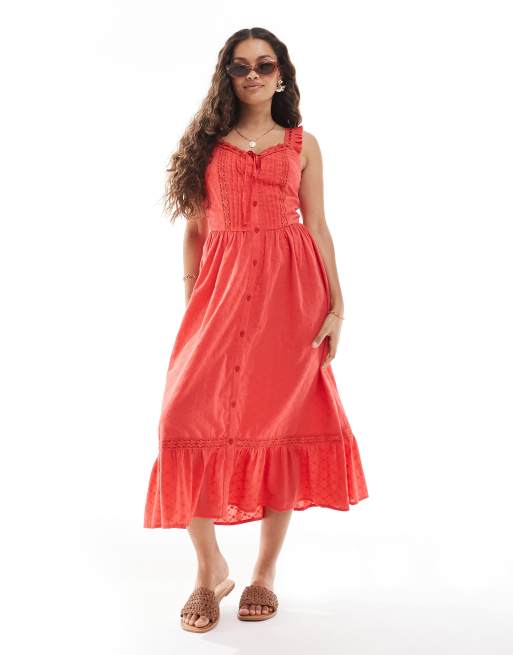 Miss Selfridge Petite broderie milkmaid maxi dress in red, 2 of 4