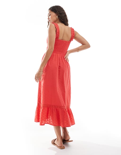 Miss Selfridge Petite broderie milkmaid maxi dress in red, 4 of 4
