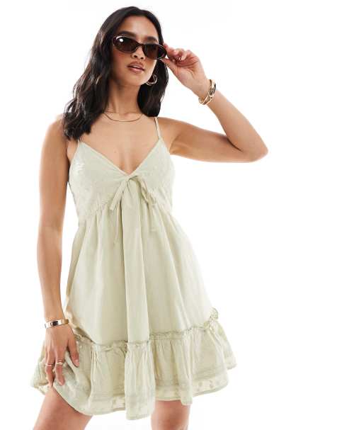 Miss Selfridge Petite broderie mix mini sun dress in sage green - view 1
