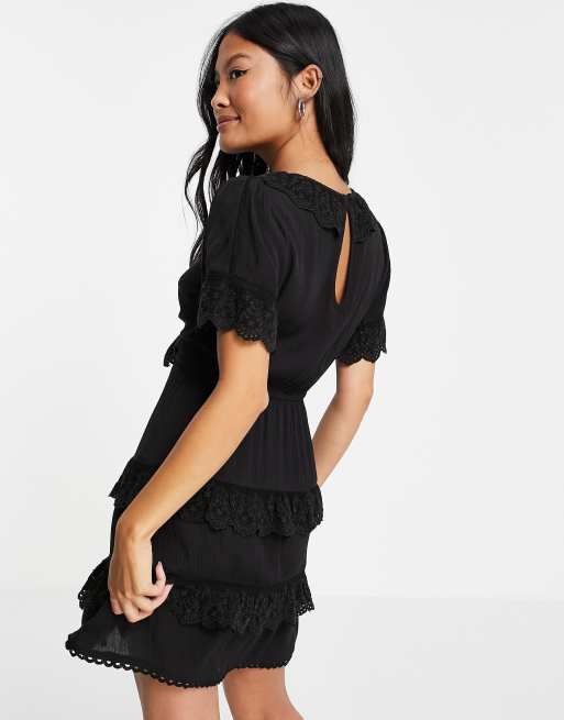Miss Selfridge Petite broderie ruffle dress in black | ASOS