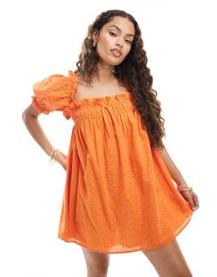Miss Selfridge Petite broderie smock dress in orange - view 1