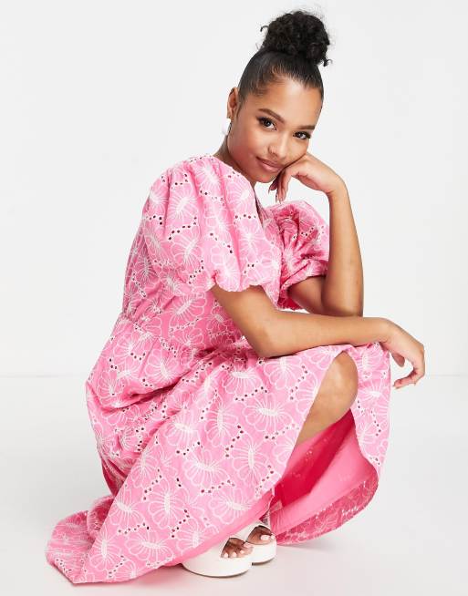 Miss Selfridge Petite broderie wrap midi dress in hot pink ASOS