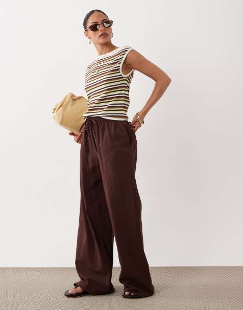 Miss Selfridge Petite - Broek van linnenmix met wijde pijpen in chocoladebruin - view 1