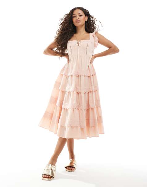 Miss Selfridge Petite lace broderie trim babydoll midi dress in peach