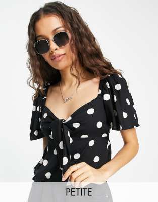 Miss Selfridge Petite Bunny Tie Angel Sleeve Blouse In Mono Spot-black