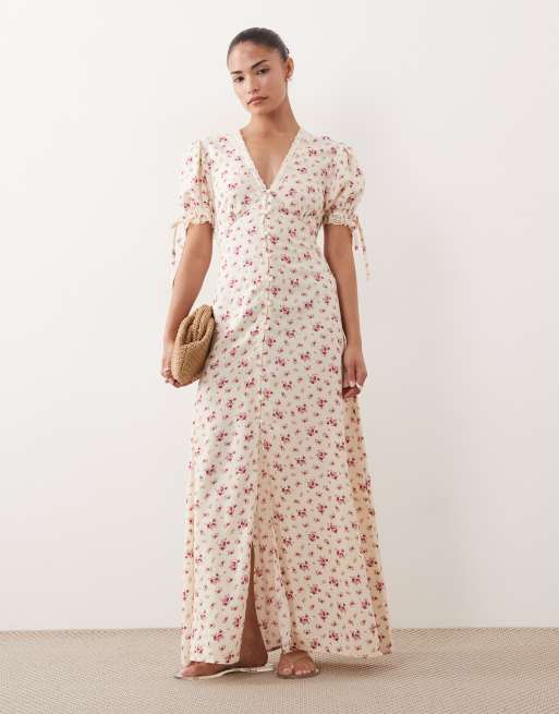 Miss Selfridge Petite button through maxi tea dress in vintage ditsy