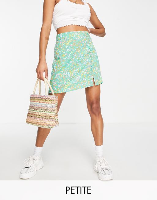 Miss Selfridge Petite button through mini skirt in green ditsy | ASOS