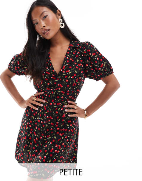 Miss Selfridge Petite button through mini tea dress in cherry print - view 1