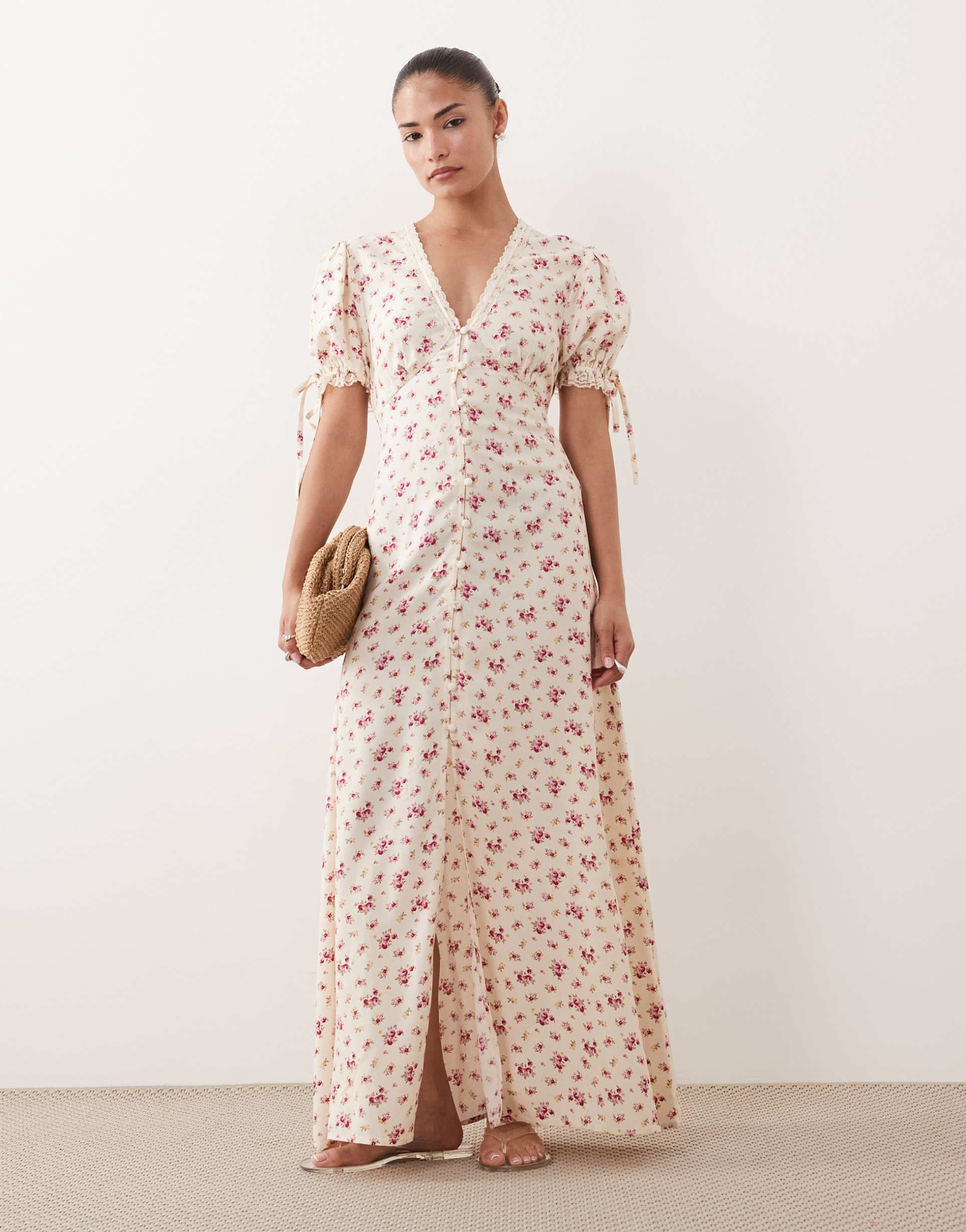 miss selfridge petite button up maxi tea dress in vintage ditsy