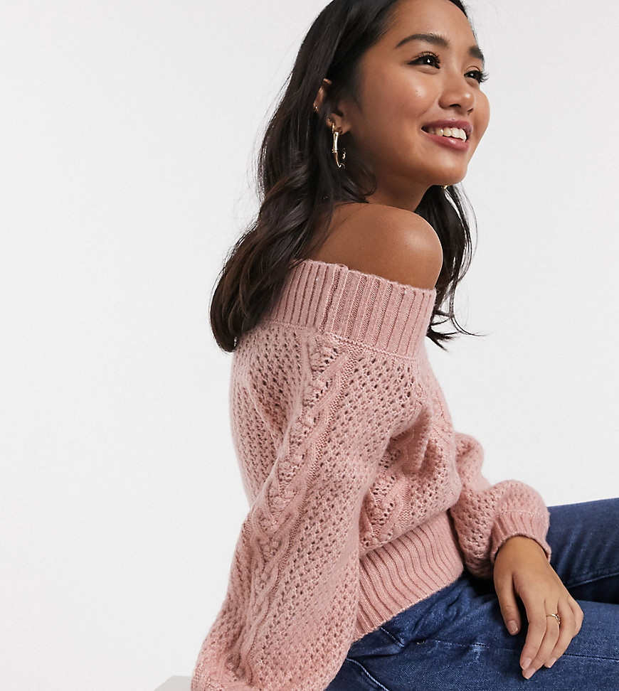 Miss Selfridge Petite cable bardot sweater in pink