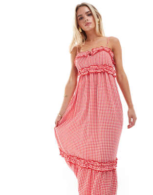 Miss Selfridge Petite Miss Selfridge Petite cami ruffle trim maxi dress in red gingham